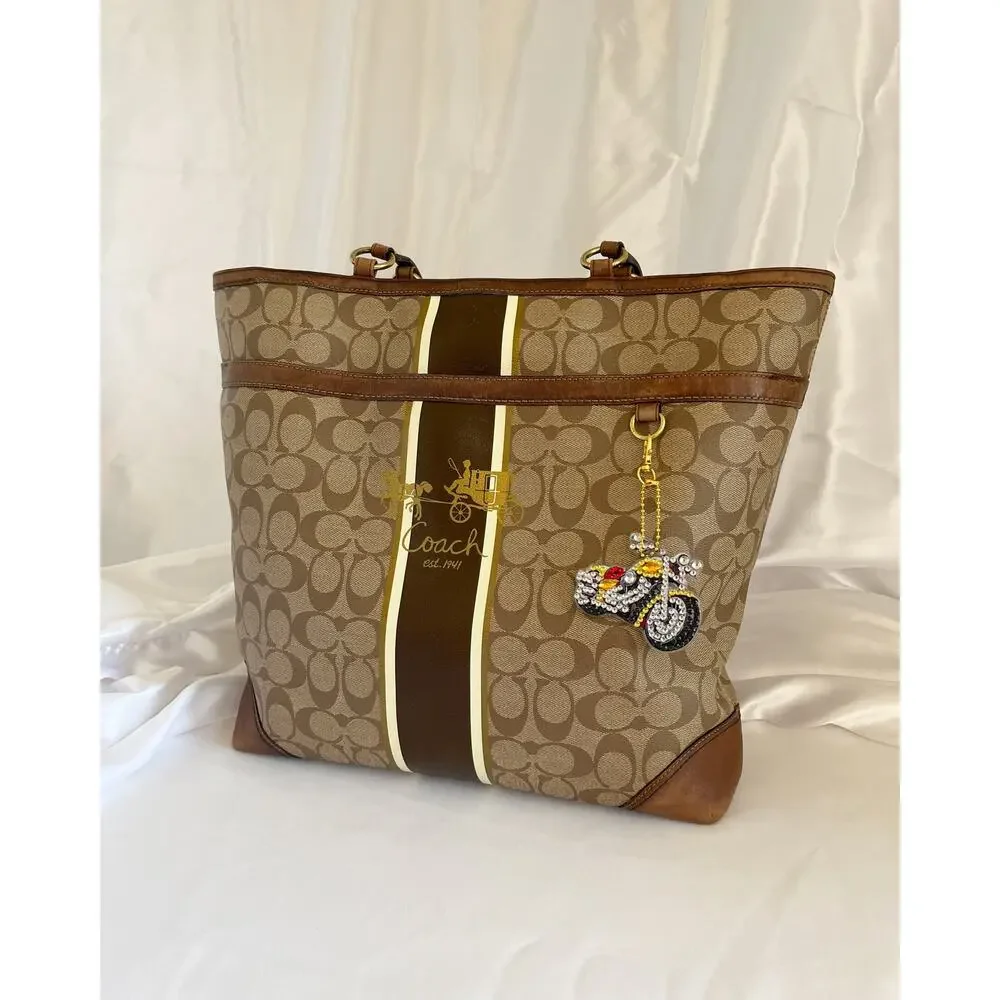 COACH Signature Heritage Stripe Tote Shoulder Bag Coated Canvas Leather - Picture 1 of 11